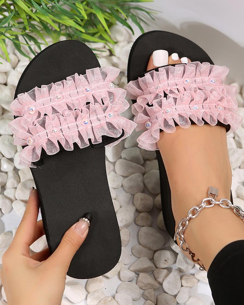 

Ruched Strap Pearls Decor Wedge Slippers, Pink