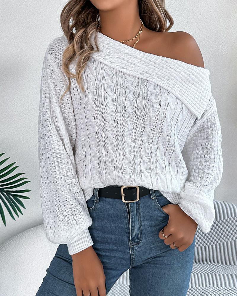 

Skew Neck Long Sleeve Cable Knit Sweater, White