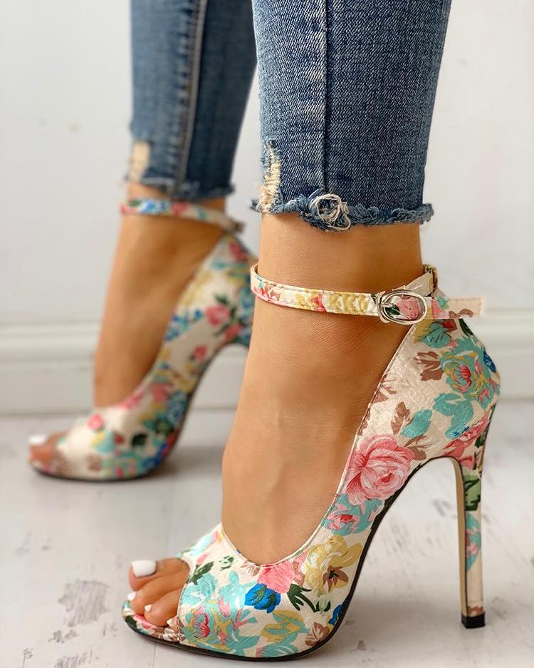 

Floral Peep Toe Ankle Strap Heeled Sandals, Multicolor