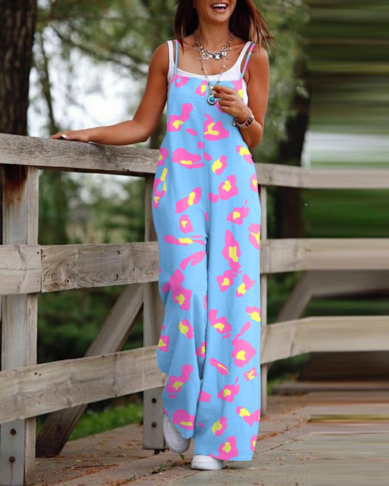 

Leopard Print Wide Leg Spaghetti Strap Jumpsuit, Blue
