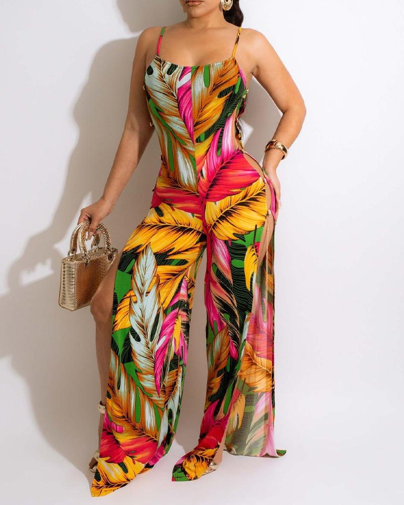 

Tropical Print High Slit Side Jumpsuit, Red