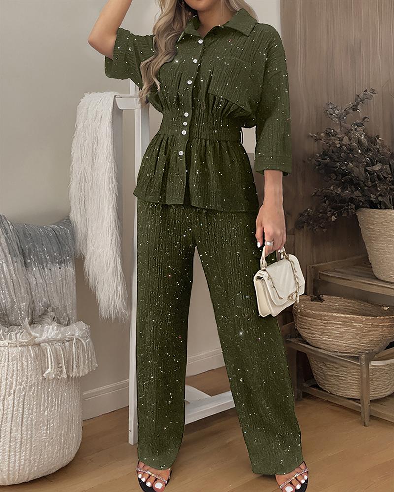 

Conjunto de 2 piezas de blusa con botones en la parte delantera y manga tres cuartos con cuello alto y pantalones holgados informales, Army green