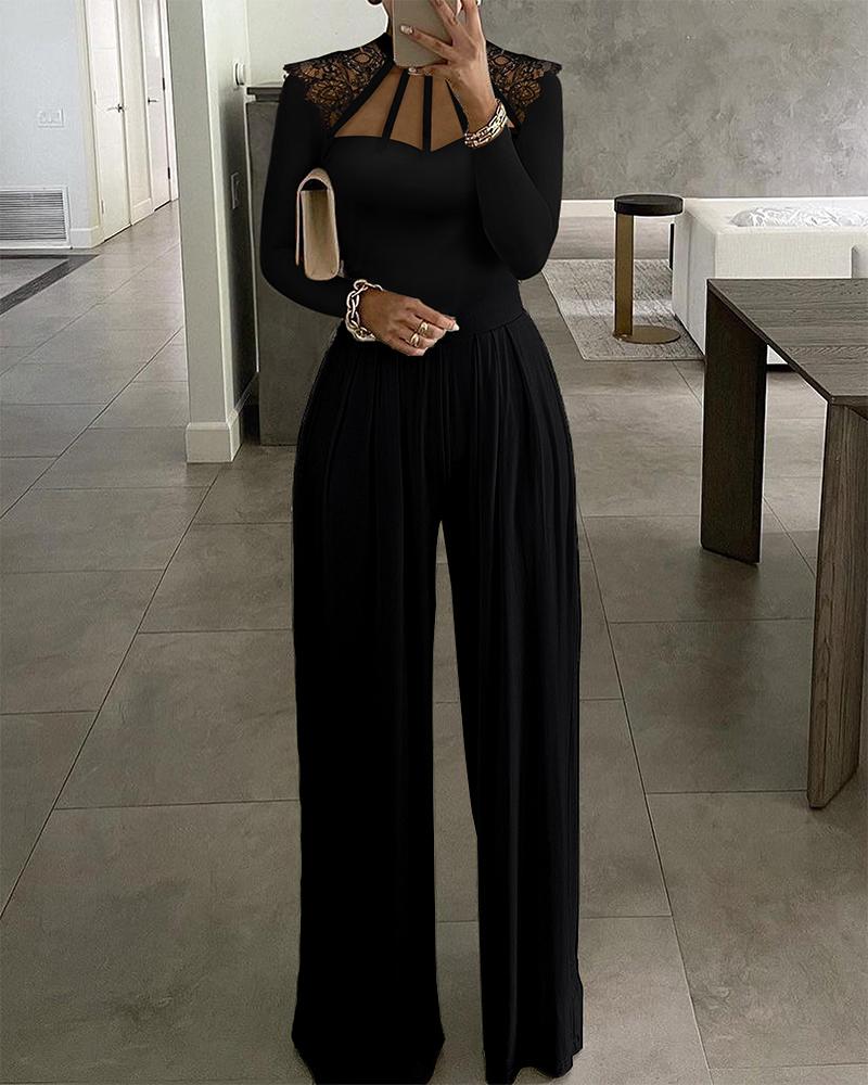 

Hollow-out Floral Lace Wide Leg Jumpsuit, Black