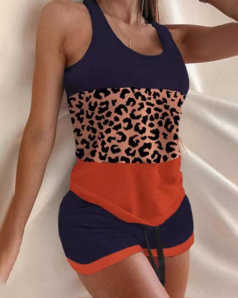 

Contrast Leopard Colorblock Drawstring Pajamas Set, Purplish blue