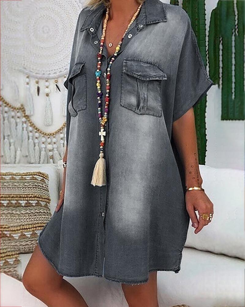 

Fringe Hem Pocket Design Denim Casual Dress, Gray