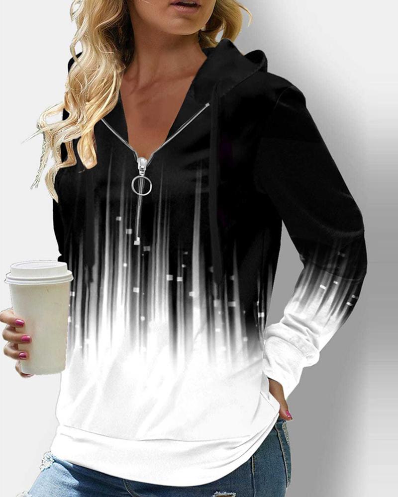 

Plus Size Ombre Print Zip Detail Long Sleeve Hoodie, Black