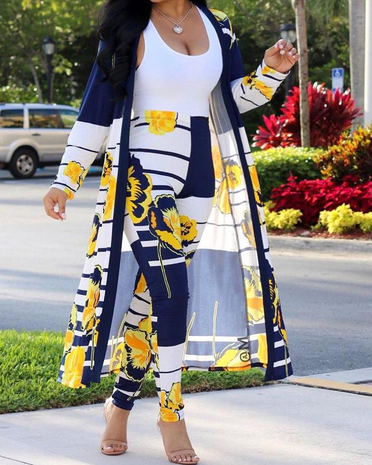

Fashion Floral Print Striped Coat & Pant Sets, Yellow