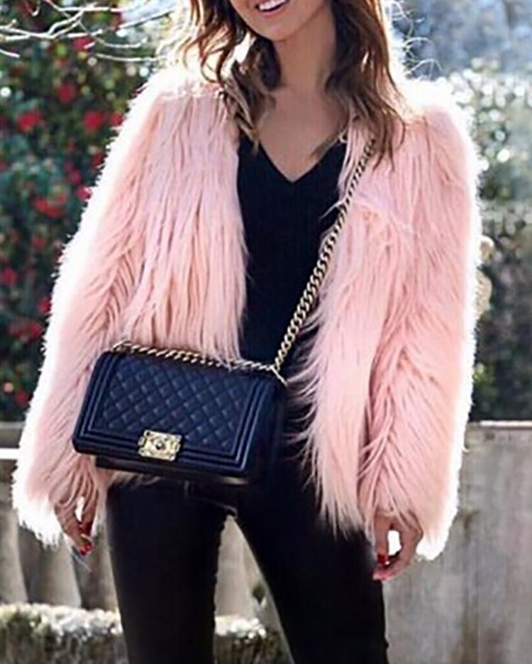 

Warm Faux Fur Fluffy Cropped Jacket, Hot pink