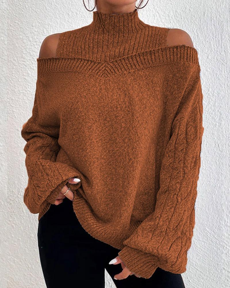 

Cable Knit Lantern Sleeve Cold Shoulder Sweater, Brown