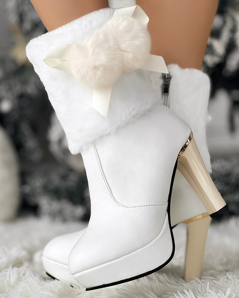 

Christmas Fuzzy Detail Bowknot Design Pom Pom Lined Platform Chunky Ankle Boots, White