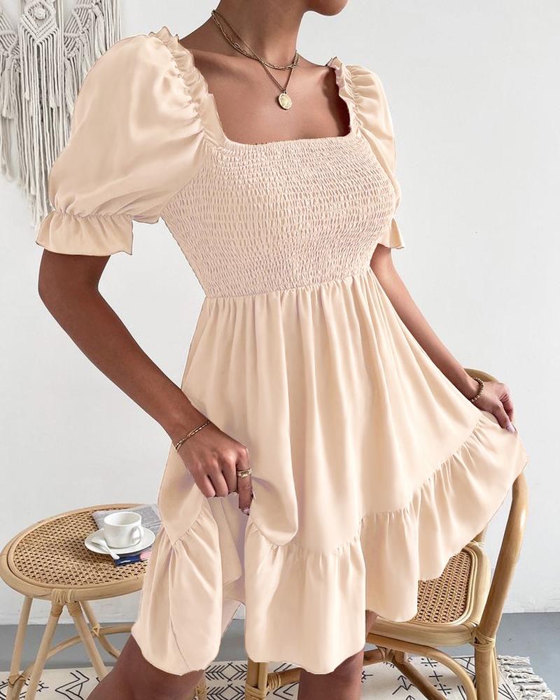 

Puff Sleeve Ruffle Hem Shirred Casual Dress, Apricot