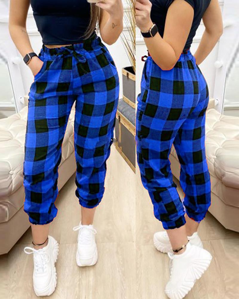 

Drawstring Waist Pocket Design Plaid Pants, Blue