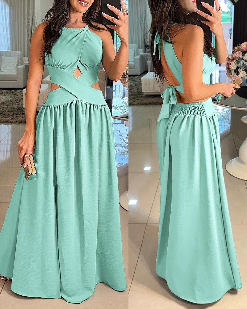 

Halter Sleeveless Tied Detail Shirred Criss Cross Flared Dress Glamorous Evening Dress, Light green