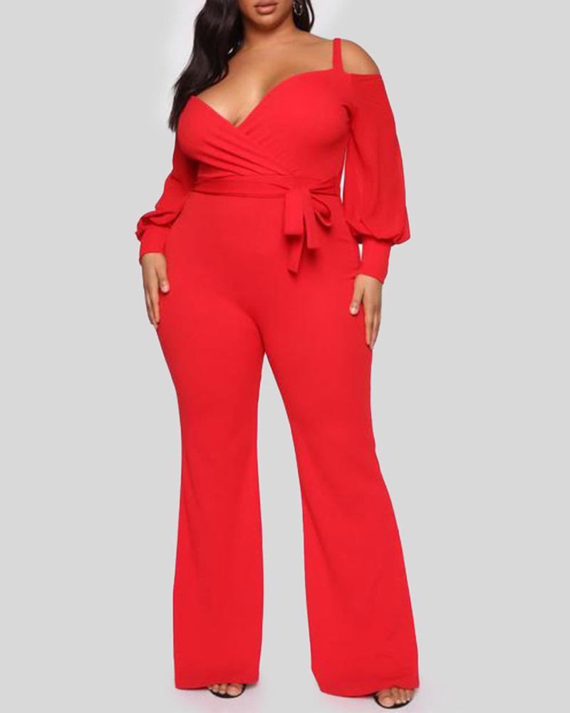 

Cold Shoulder Surplice Neck Tie Front Wide Leg Jumpsuit, Red