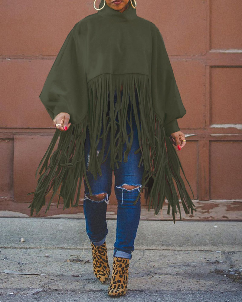 

High Neck Lantern Sleeve Tassel Design Top, Green