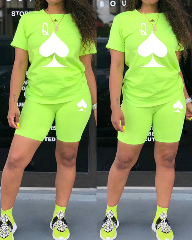 

Poker Print Short Sleeve Top & Skinny Shorts Set, Green