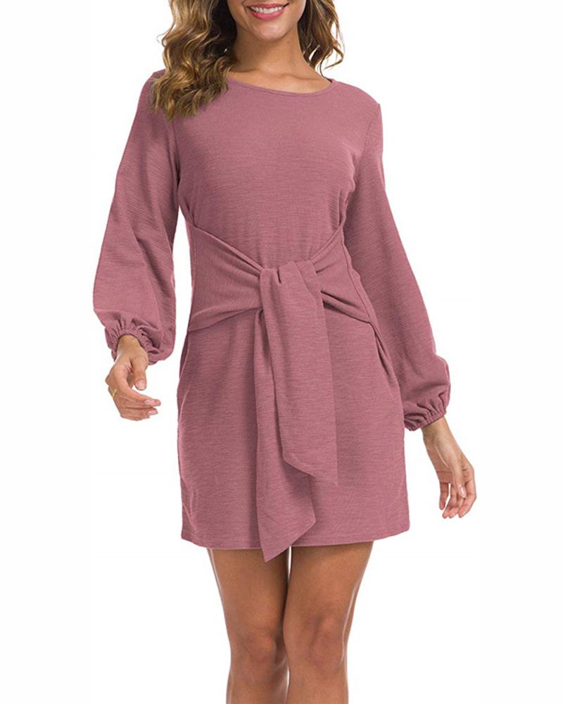 

Tied Detail Long Sleeve Casual Dress, Pink