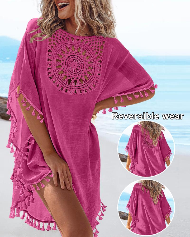 

Reversible-wear Graphic Pattern Hollow-out Batwing Sleeve Round Neck Tassel Cover Up Vacation Top, Hot pink