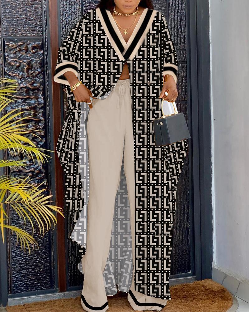 

Geometric Print High Slit Longline Top & Pants Set, Khaki