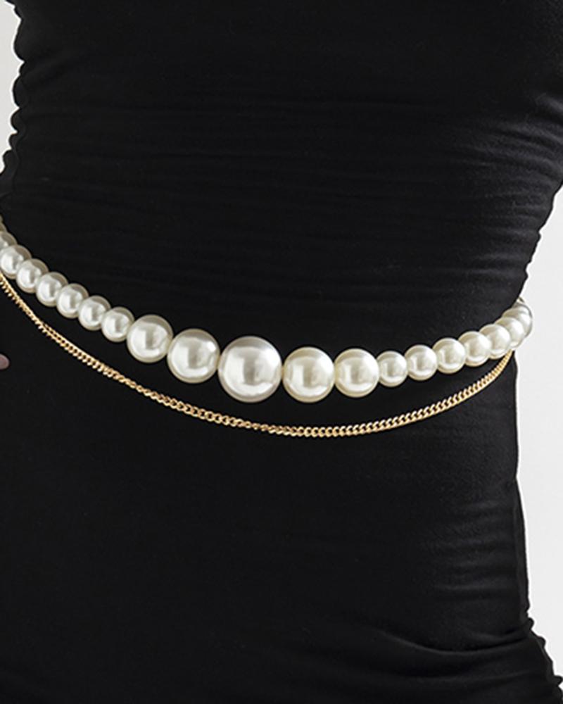 

1pc Pearls Beaded Multi-layer Waist Chain, Gold