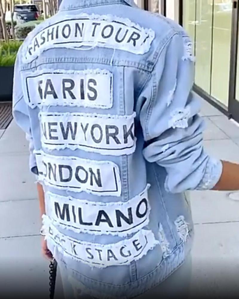 

Slogan Print Button Design Ripped Denim Coat, Blue