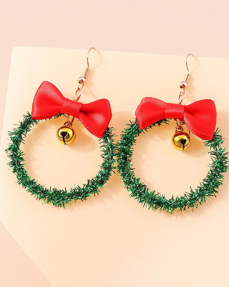 

1Pair Christmas Bowknot Jingle Bell Wreath Hoop Earrings, Green