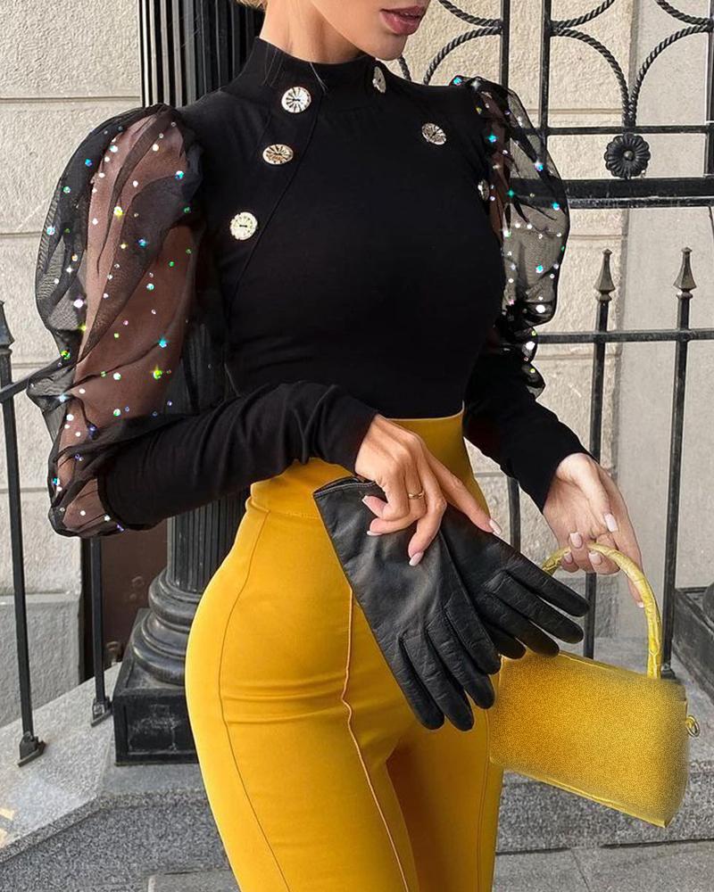 

Sequin Contrast Mesh Puff Sleeve Button Decor Top, Black