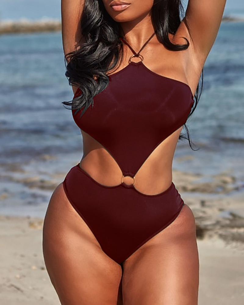 

O-Ring Decor Cutout One Piece Swimsuit, Wine red