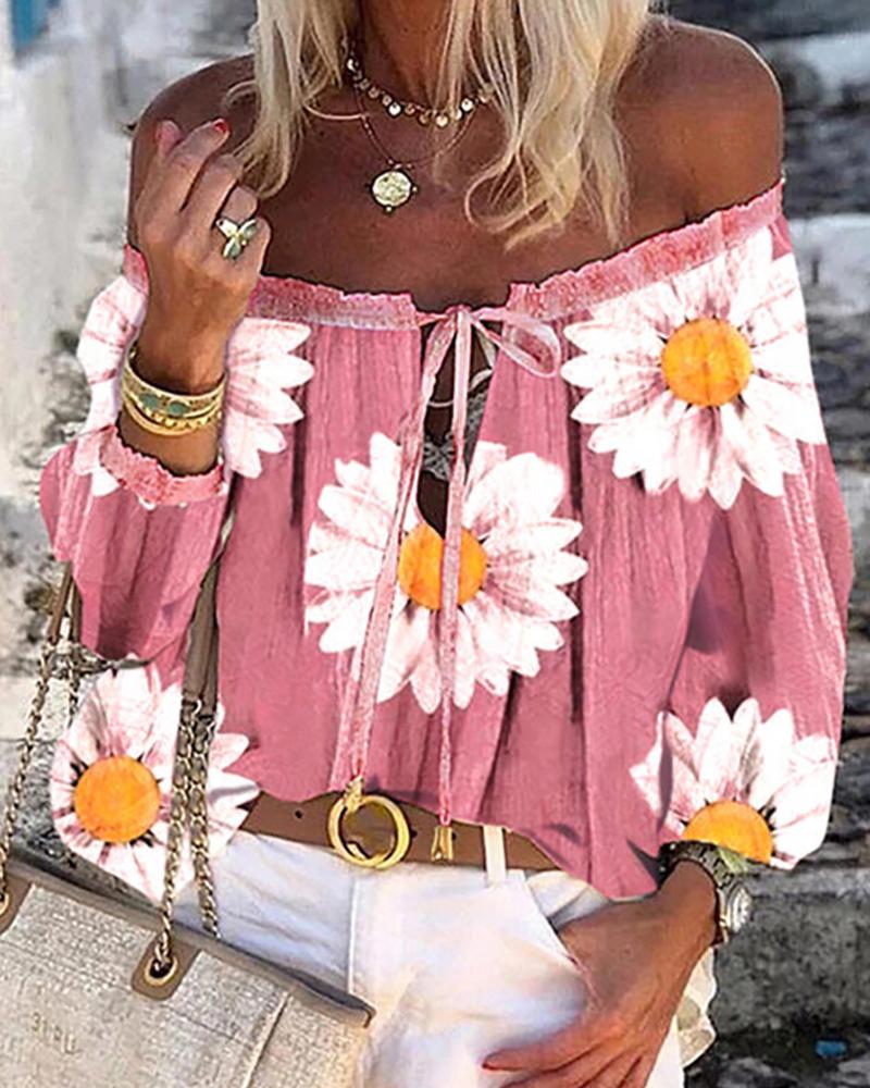 

Daisy Print Off Shoulder Long Sleeve Shirt, Pink