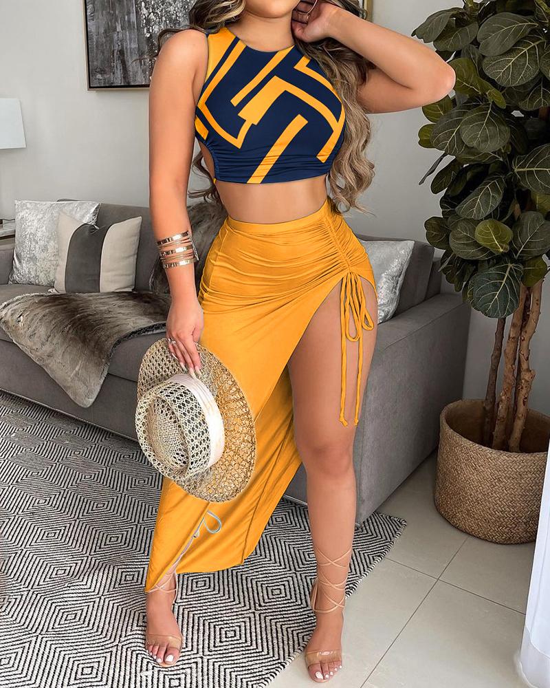 

Geometric Print Crop Tank Top & Drawstring High Slit Skirt Set, Yellow