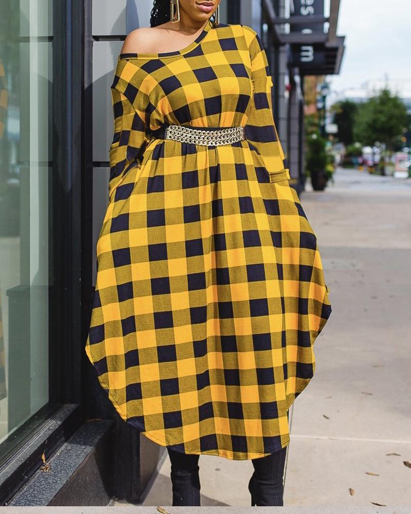 

Plus Size Plaid Print Curved Hem Long Sleeve Dress, Yellow