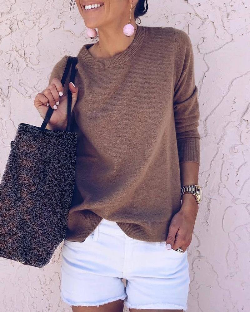 

Solid Long Sleeve Casual Sweater, Brown