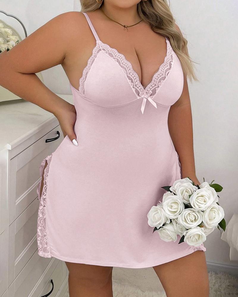 

Plus Size Bowknot Decor Lace Patch Slit Sleep Dress, Pink