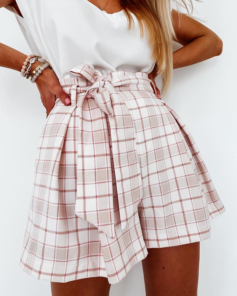 

Plaid Print Tied Detail Ruched Shorts, Apricot