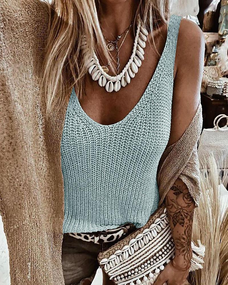 

U Neck Thick Strap Knit Basic Top, Lighted blue