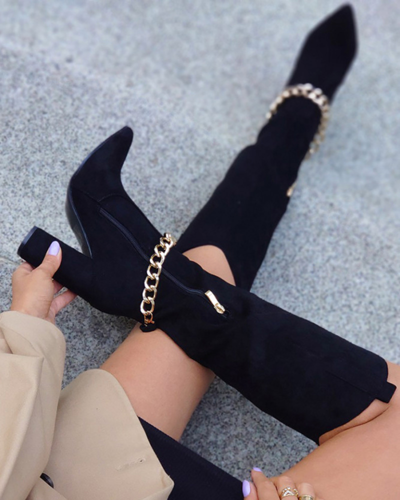 

Chain Decor Chunky Heel Boots, Black