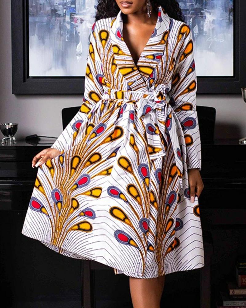 

Printing Long Sleeve Skinny Waist Long Dress, White