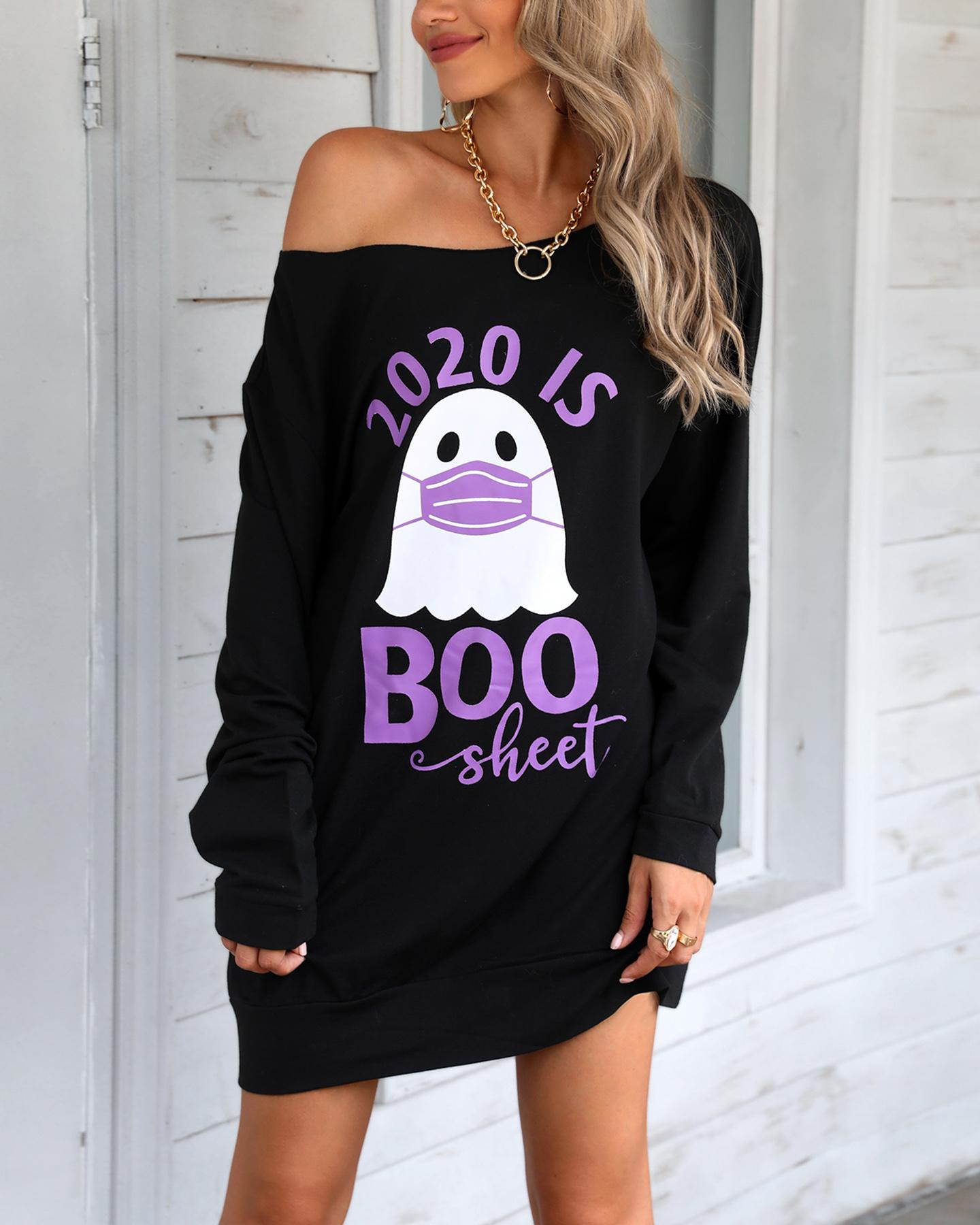 

Halloween Letter Ghost Print Casual Sweatshirt, Black