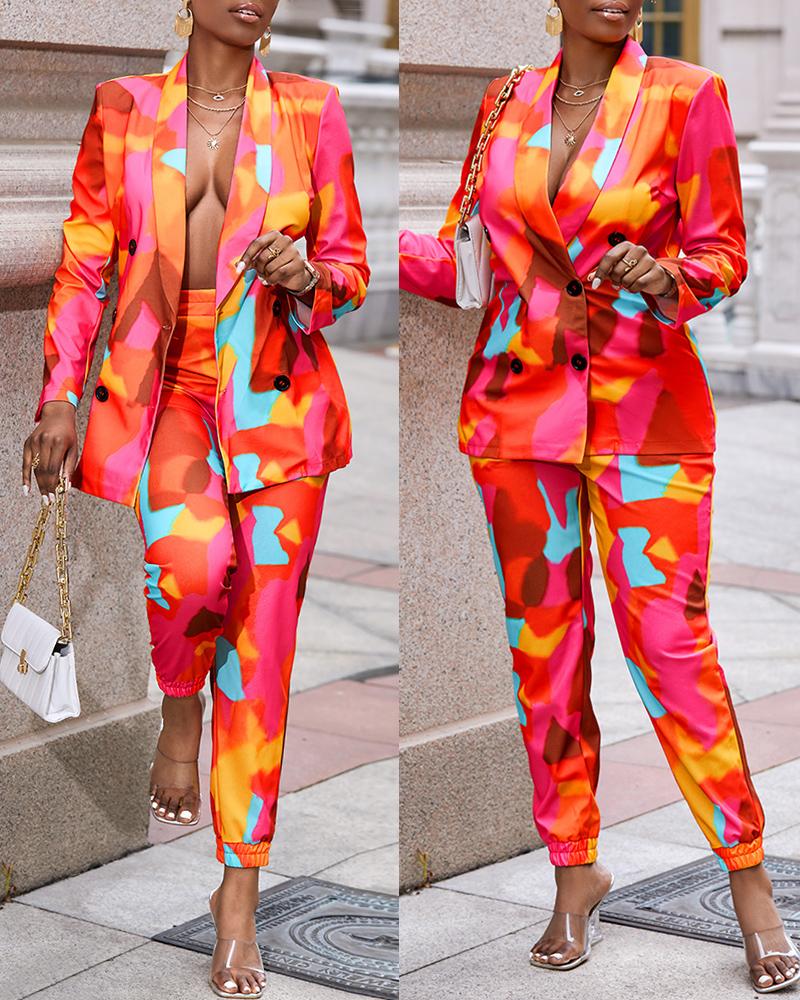 

Tie Dye Print Buttoned Blazer Coat & Pants Sets, Multicolor