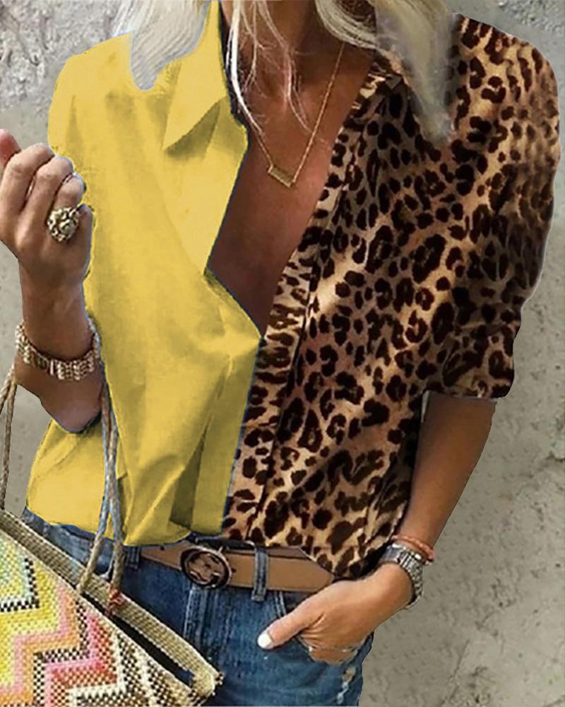 

Cheetah Print Button Design Long Sleeve Shirt, Yellow