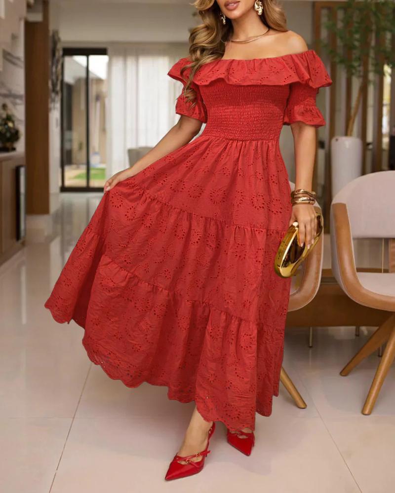 

Off the Shoulder Lace Hollow-out Frill Hem Shirred Slim Fit Long Dress Elegant Dress, Red