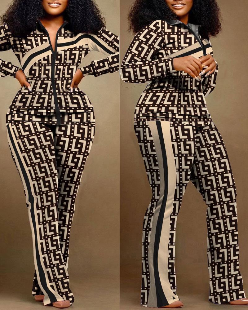 

Plus Size Geometric Print Zip Up Top & Pants Set, Khaki