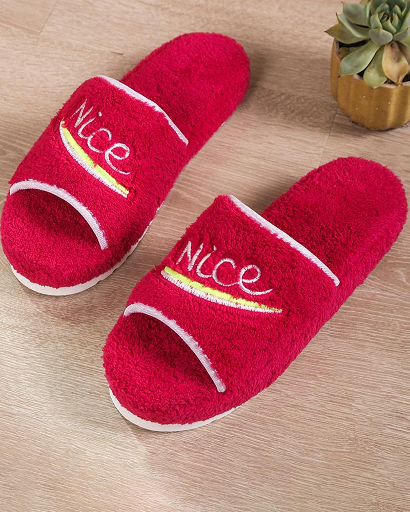 

Fuzzy Letter Pattern Platform Slippers, Hot pink