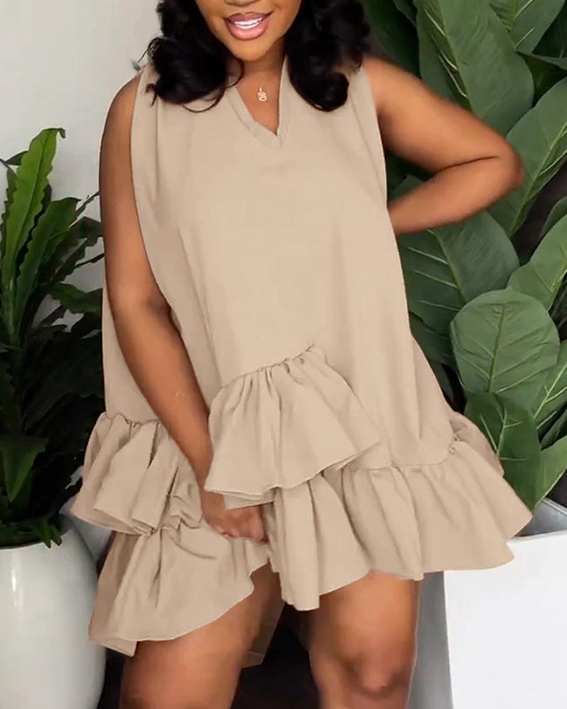 

V-Neck Layered Ruffle Hem Casual Dress, Khaki