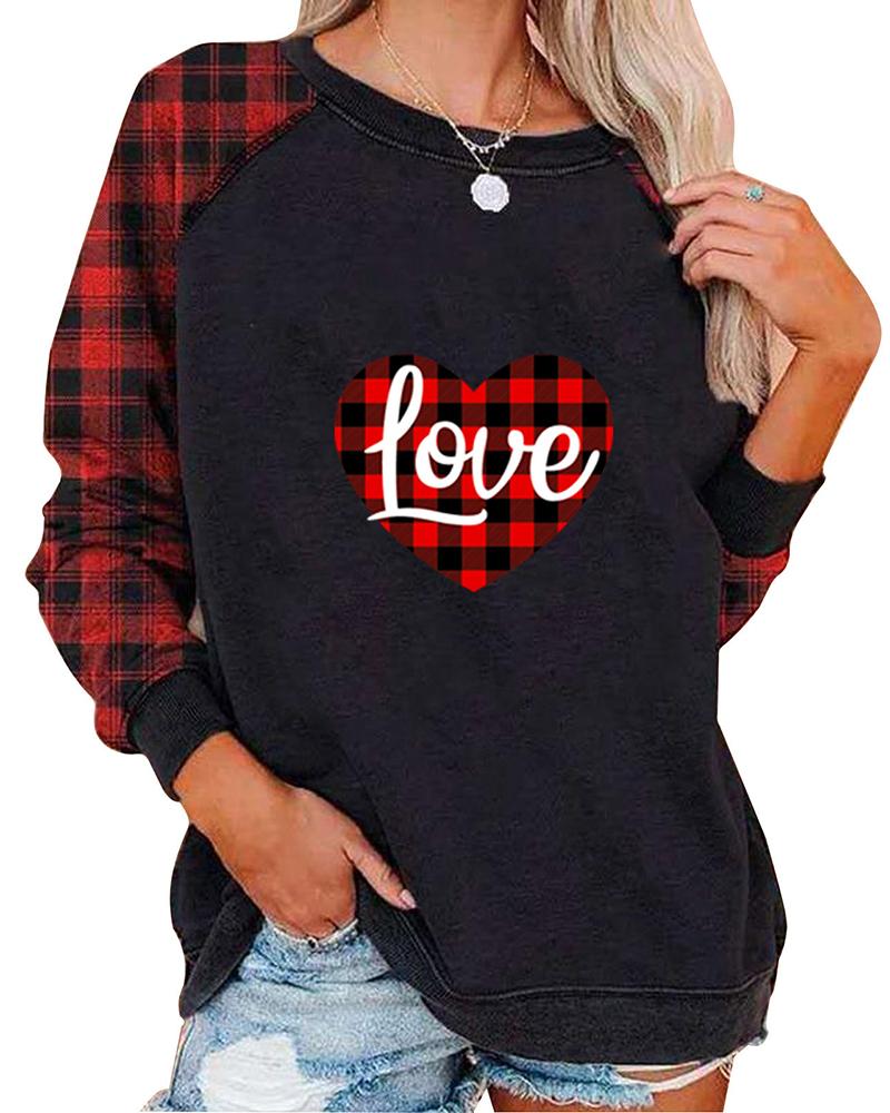 

Valentine' Day Plaid Heart Letter Print Sweatshirt, Red