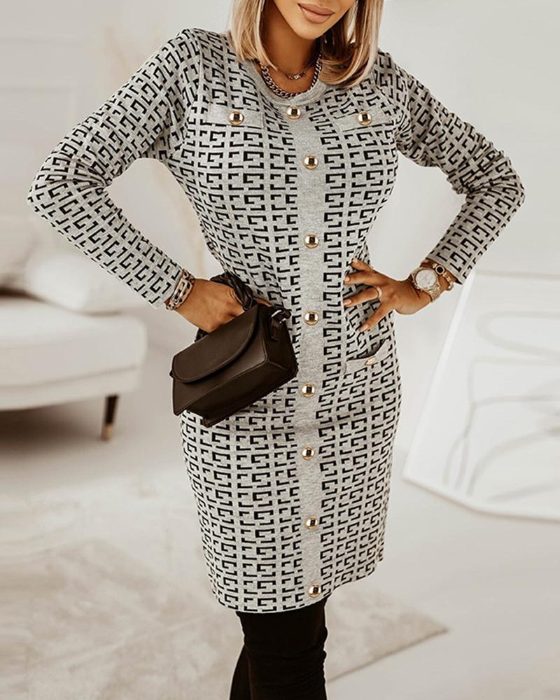 

Geo Print Long Sleeve Buttoned Knit Dress, Gray