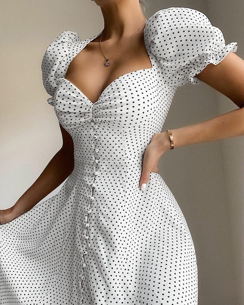 

Pulf Sleeve Polka Dot Print Ruched Bust Dress, White