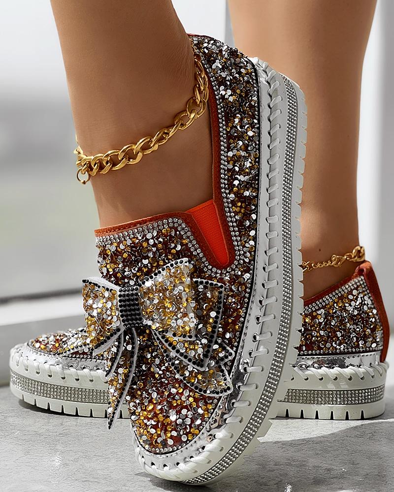 

Bowknot Design Platform Sequin Loafers, Orange