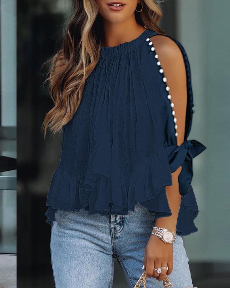 

Ruffle Hem Beaded Decor Split Sleeve Top, Purplish blue
