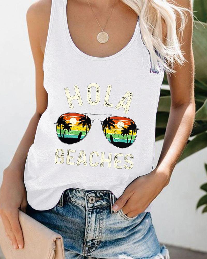 

Coconut Tree Sunglasses Landscape Letter Print Graphic Tee Summer Beach Vest Tank Top, White